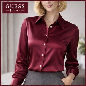 GUESS Jeans Burgundy Satin Button-Down Blouse 🩶Long Sleeve 🩶Office to Casual🩶M